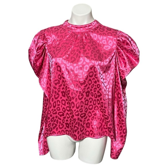 Flying Tomato Tops - A.Calin For Flying Tomato Leopard Print Puff Sleeve Blouse Size Large Hot Pink